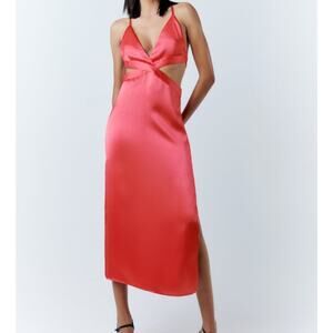 Zara Satin Sleeveless V-Neck Slip Midi Dress with Waist Cutout Pink Medium